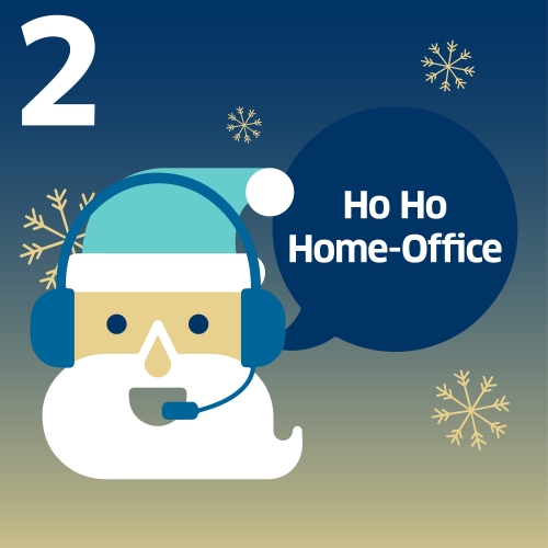 Weihnachtsmann mit Headset und Schriftzug: "HO HO HOMEOFFICE"