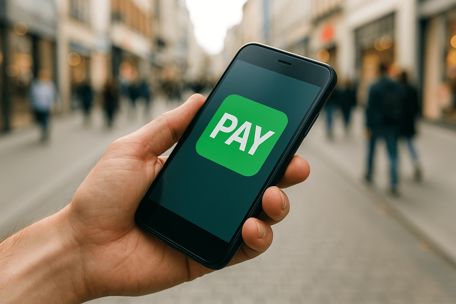 Eine Hand, die ein Smartphone hält, auf dem ein „PAY“-Symbol zu sehen ist. Im Hintergrund sieht man eine belebte Straße.