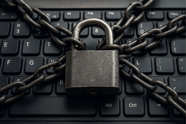 Ein Kette und ein Schloss sperren symbolisch eine Tastatur.