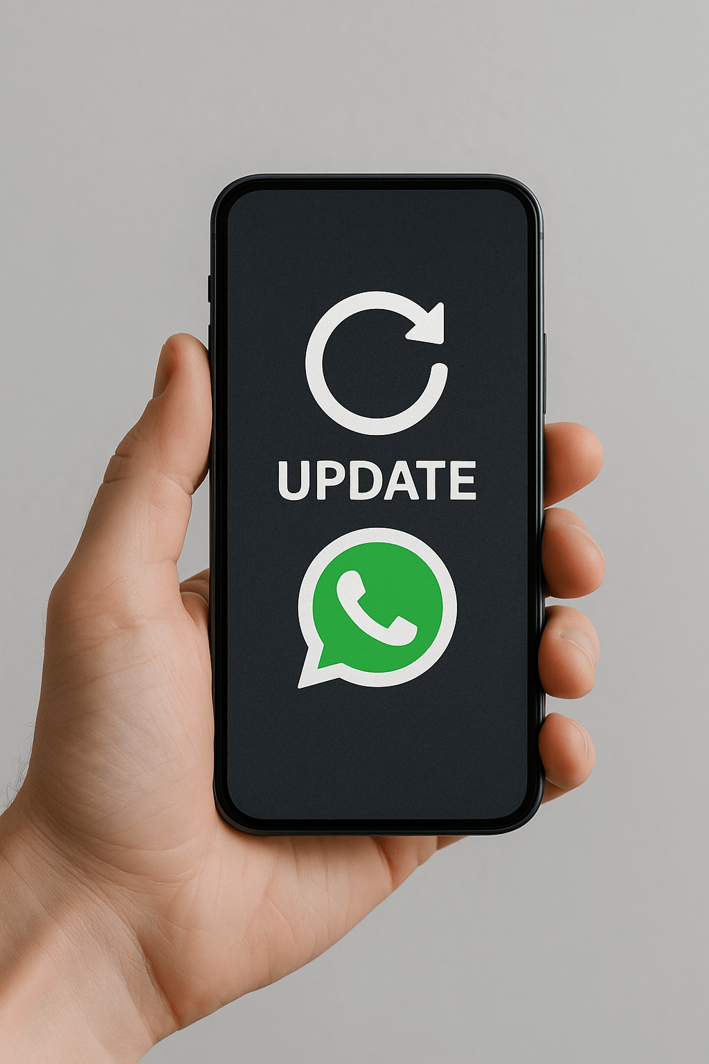 Eine Hand hält ein Smartphone. Auf dem Bildschirm ist das whatsapp Symbol zu sehen. Darüber steht Update mit einem Ladesymbol.