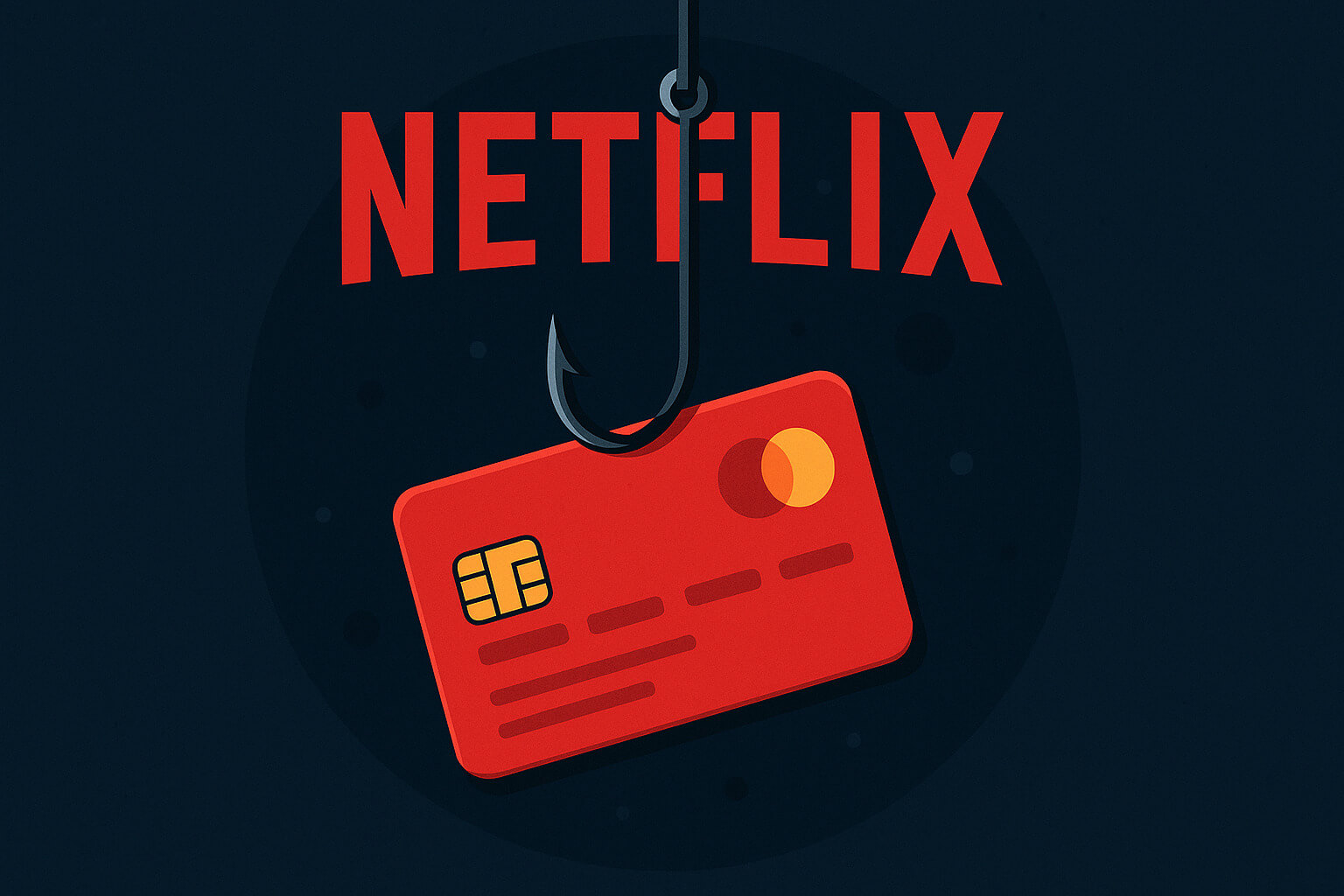 Der Schriftzug von Netflix im Hintergrund sowie eine Angelhacken im Vordergrund der eine Bankkarte hält.