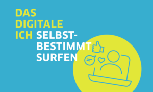 Das digitale Ich. selbstbestimmt surfen. Gelber Kreis. In dem gelben Kreis ist ein abstrakter aufgeklappter Laptop und ein Linien eines Avatars. Von diesem gehen Symbole wie Daumen nach oben, Herz als Symbol für Likes sowie eine Sprechblase aus.