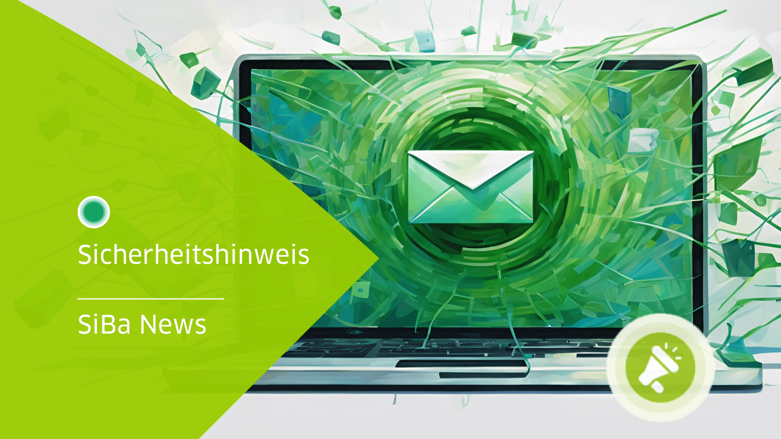 Grafik mit einem Laptop, aus dessen Bildschirm ein grünes Briefsymbol hervorbricht. Links steht der Hinweis Sicherheitshinweis SiBa News. Symbolbild für aktuelle Warnungen vor digitalen Bedrohungen.