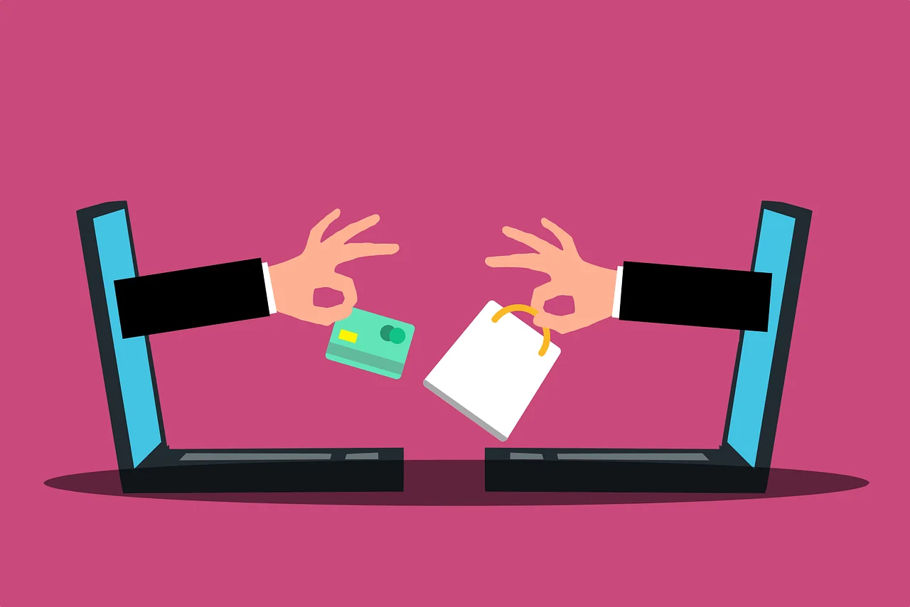 Illustration von zwei Laptops: Aus einem reicht eine Hand Geld, aus dem anderen eine Hand mit Einkaufstüte. Ein Symbolbild für betrügerische Online-Geschäfte