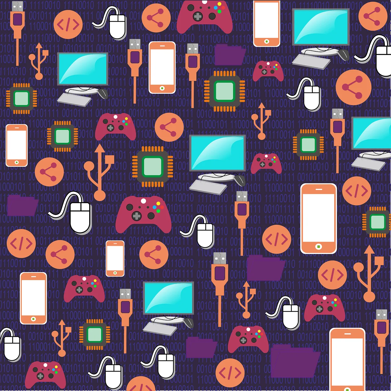 Buntes Muster mit Symbolen aus der digitalen Welt, darunter Computerbildschirme, Smartphones, Spielkonsolen-Controller, Computermaus, USB-Kabel, Chips und Programmier-Icons, verteilt auf dunklem Hintergrund mit Binärcode.