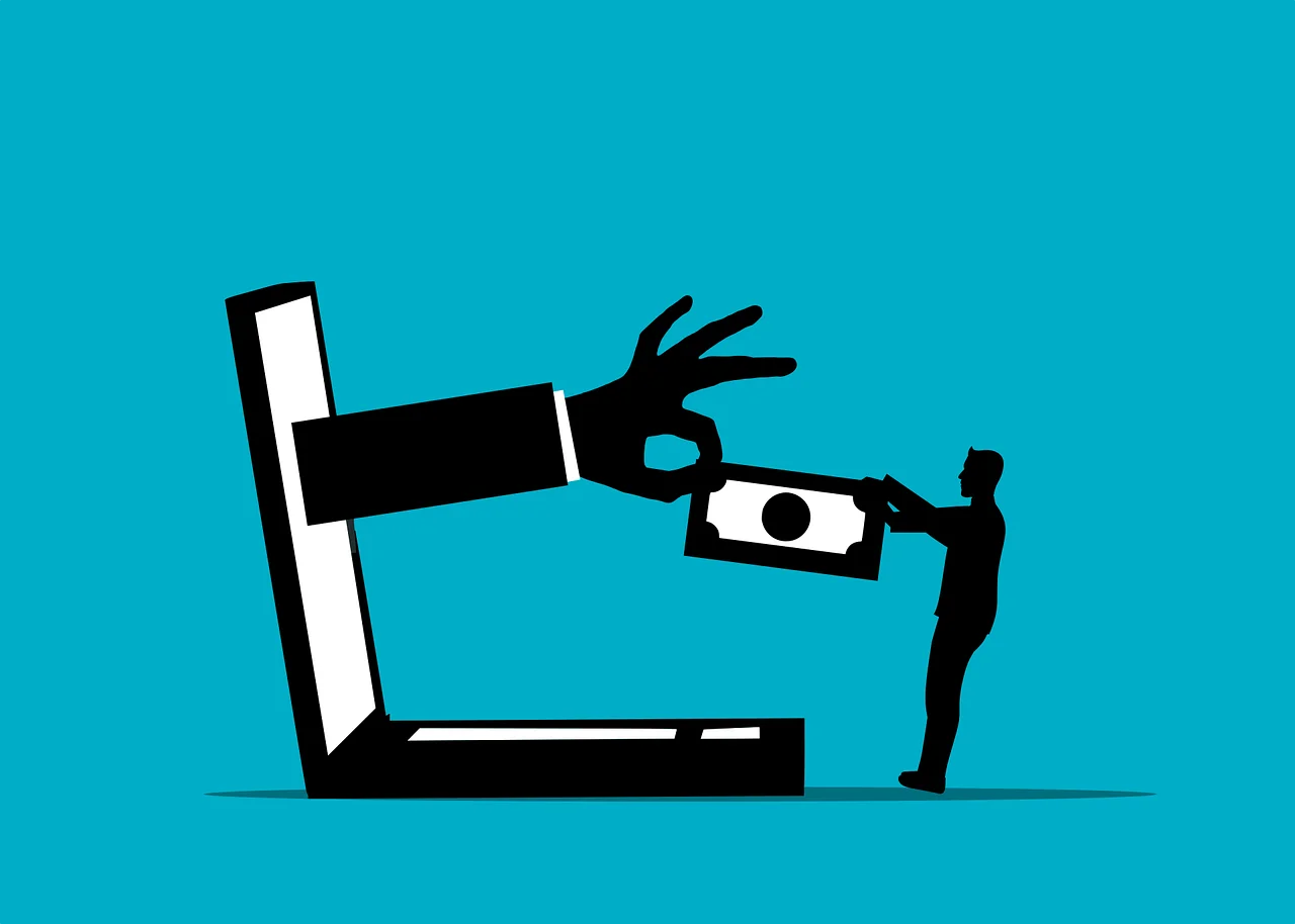 Eine schwarze Grafik auf einem blauen Hintergrund. Ein Mensch steht vor einem übergroßen Laptop. Aus dem Bildschirm des Laptops kommt eine Hand hervor, die einen großen Geldschein zwischen zwei Fingern hält. Die Person hält den Geldschein mit beiden Armen fest und scheint mit der Hand um den Schein zu ringen.