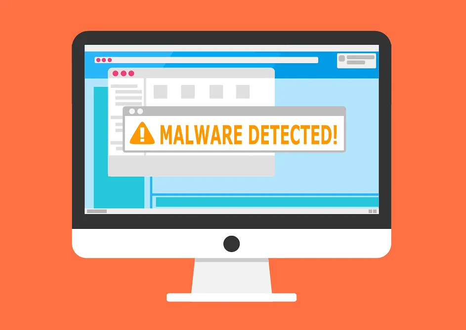 Illustration eines Computers mit Warnhinweis Malware detected!. Ein Symbolbild für erkannte Schadsoftware.