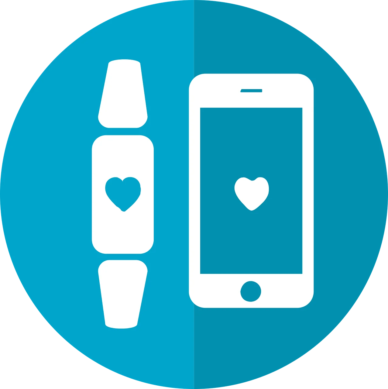 Eine Grafik in Blau und Weiß. Sie zeigt eine minimalistische Darstellung einer Smartwatch, sowie eines Smartphones. Auf beiden Geräten ist ein Herz zu sehen.
