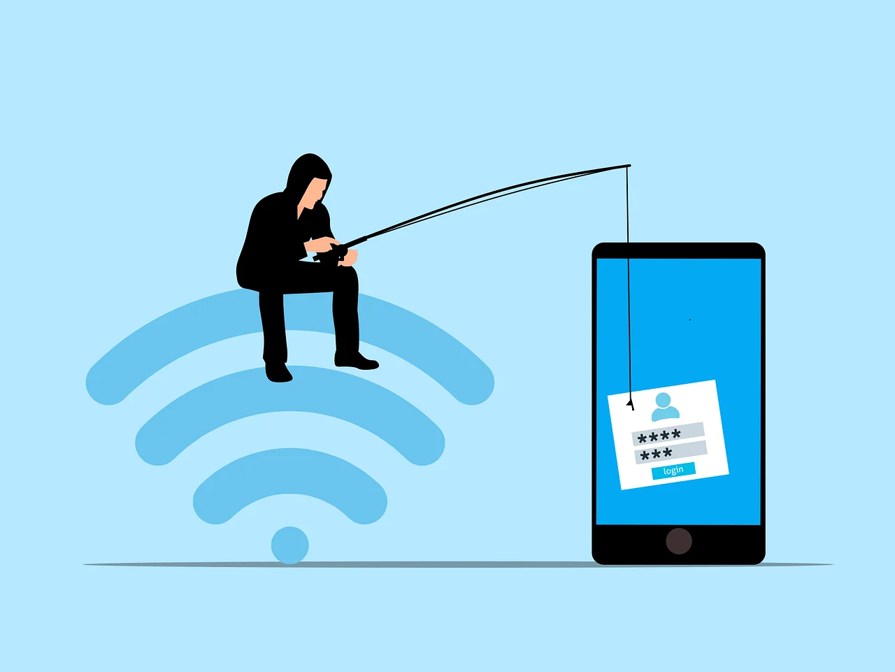 Eine Grafik von einer Person im Hoodie, die auf einem WLAN Zeichen sitzt. Die Person hält eine Angel in das Display eines Smartphones und angelt symbolisch Passwörter.