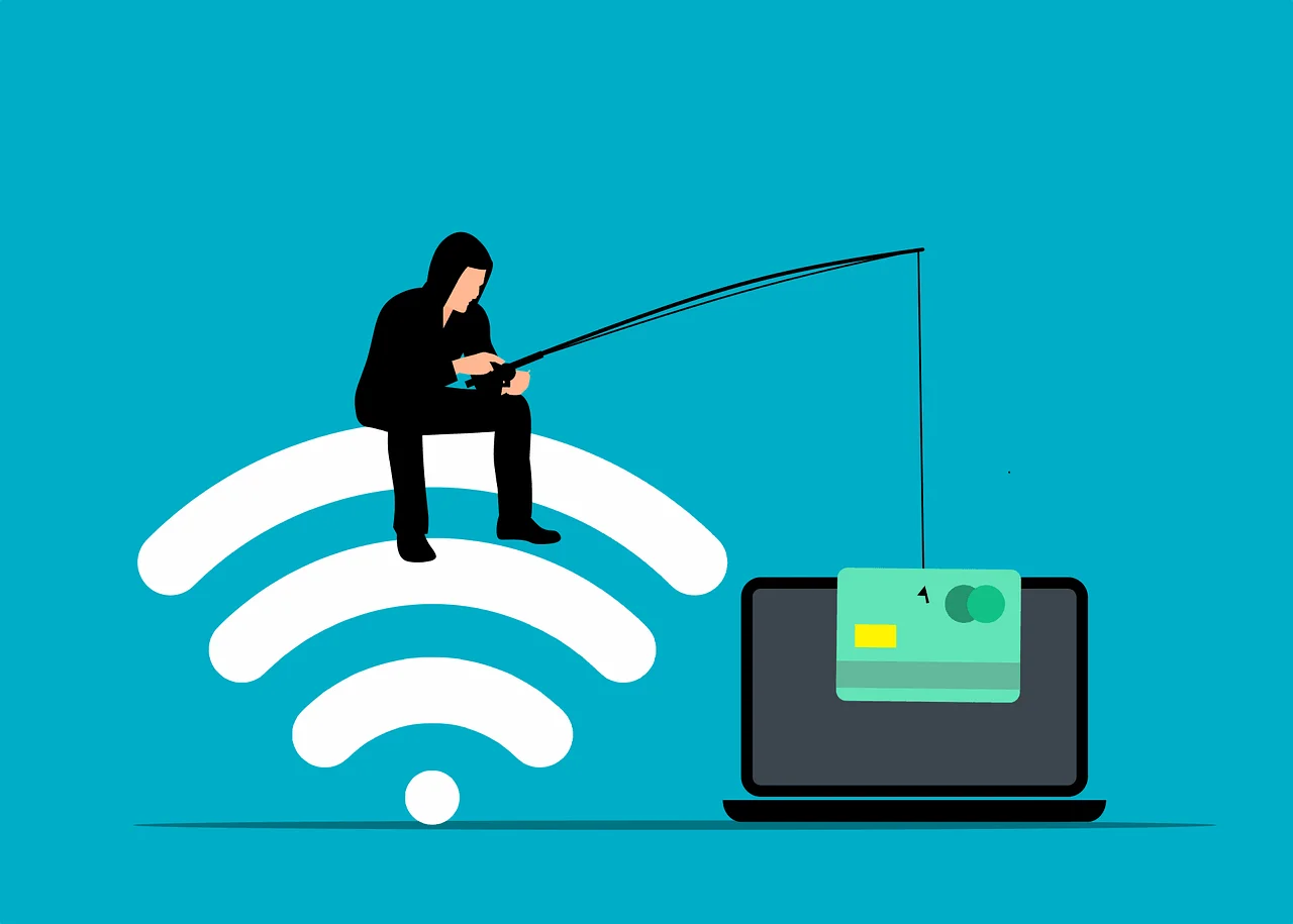 Ein Mensch der auf einem WLAN-Zeichen sitzt und aus einem Laptop eine Kreditkarte angelt.