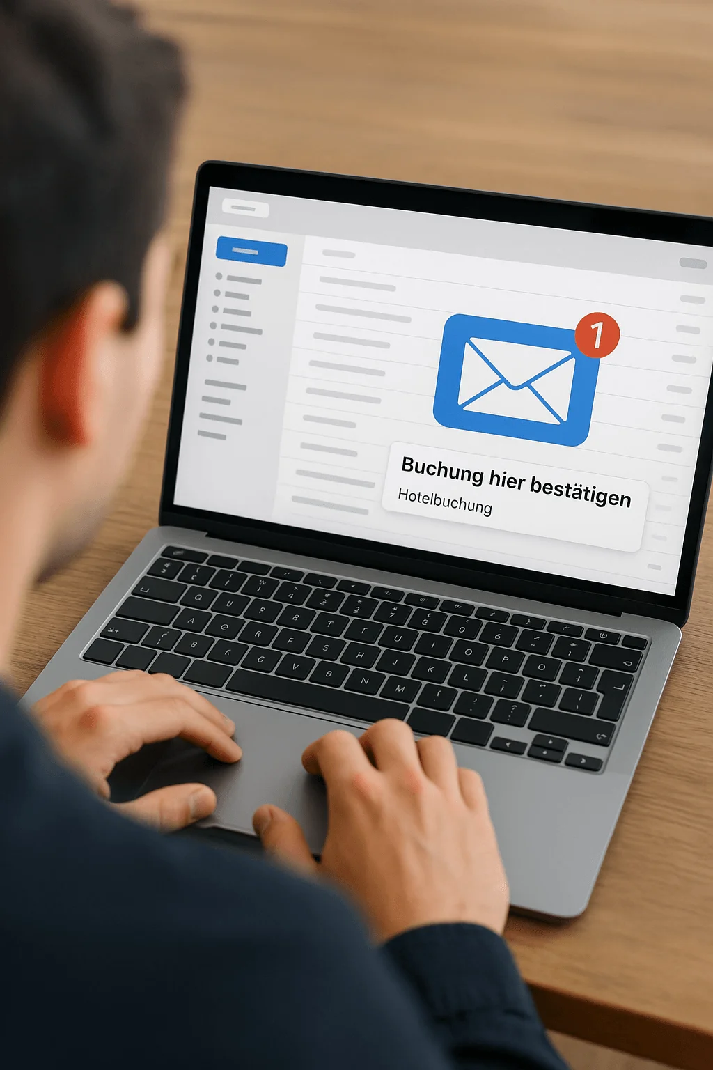 Ein Mann sitzt vor einem Laptop, man sieht ihm über die Schulter. Auf dem Bildschirm ist ein Brief Symbol. Es steht für eine neue E-Mail. In der E-Mailvorschau steht Buchung bestätigen.