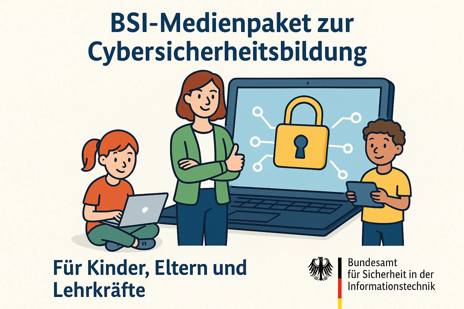 Thema: Cybersicherheitsbildung für Kinder, Eltern und Lehrkräfte. Im Vordergund sind zwei Kinder und eine erwachsene Person zu sehen. Im Hintergrund ist ein Laptop auf dem ein Schloß mit abgehenden Datensträngen zu sehen