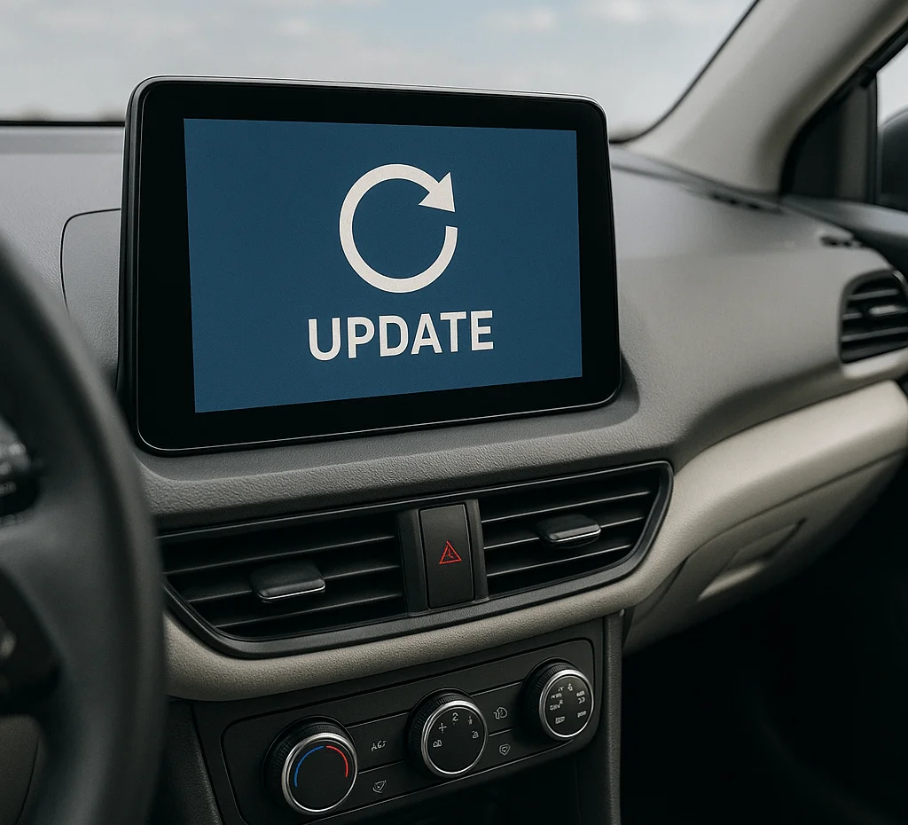 Blick in das innere eines Autos. Auf dem mittigen Boardcomputer erscheint auf dem Bildschirm ein Kreis. Darunter steht Update. Symbolbild für die Durchführung eines Updates auf Boardcomputern von Autos.