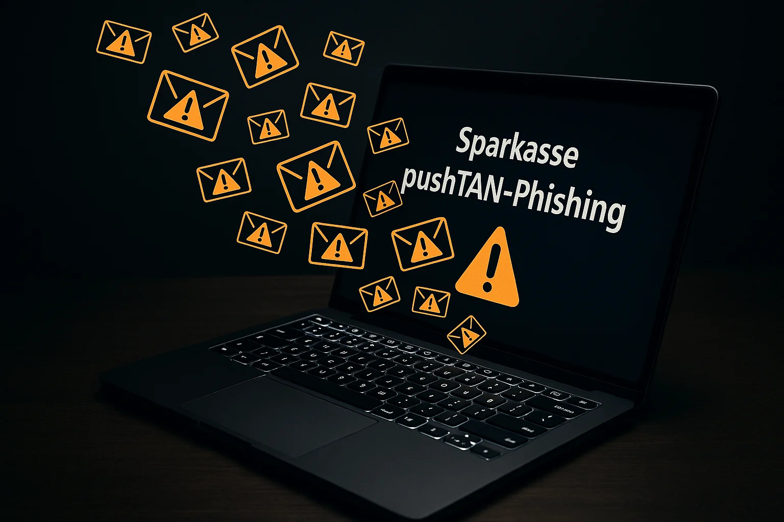 Ein Laptop der auf einem Tisch steht, mit der Aufschrift Sparkasse pushTAN-Phishing und aus dem viele kleine Briefsymbole mit einem Warnzeichen fliegen