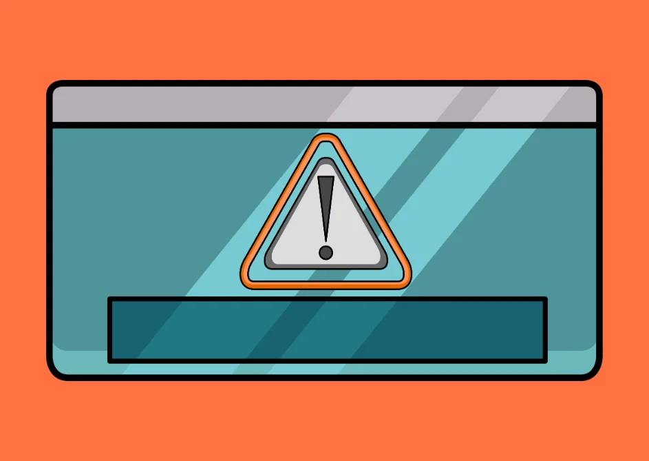 Illustration eines Computerfensters mit einem Warnsymbol in der Mitte. Das Symbol zeigt ein Ausrufezeichen in einem orange umrandeten Dreieck, das auf eine Fehlermeldung oder Sicherheitswarnung hinweist. Der Hintergrund ist orange, das Fenster in Blautönen gehalten.